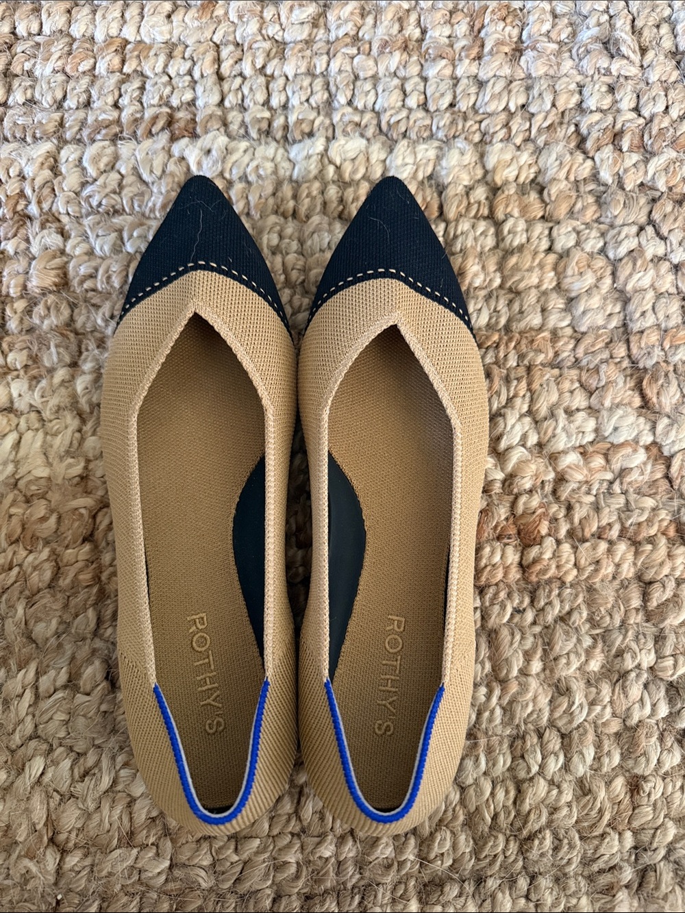 Rothy's Pointed Toe Knit Flats in Tan with Black Cap Toe
